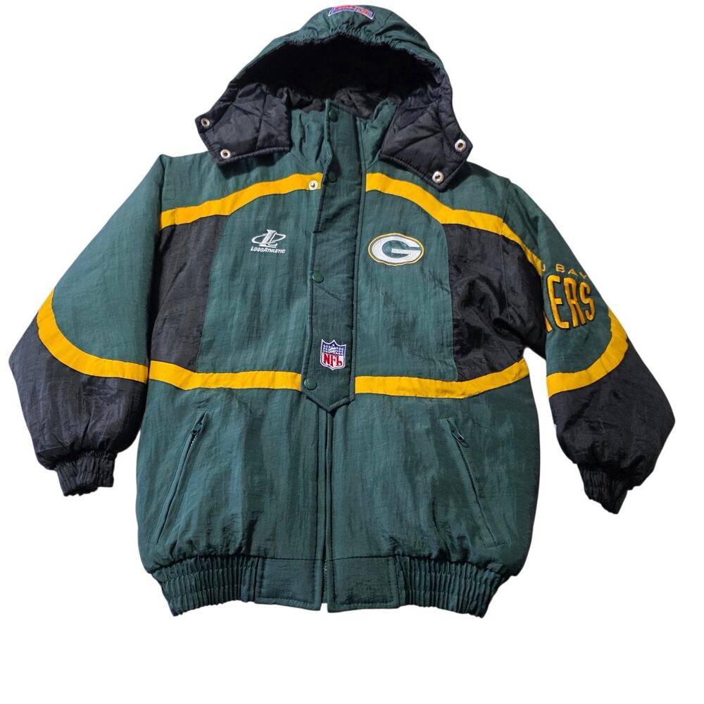 Vintage Green Bay Packers Youth Puffer Jacket NFL Pro Line Logo Athletic Hooded